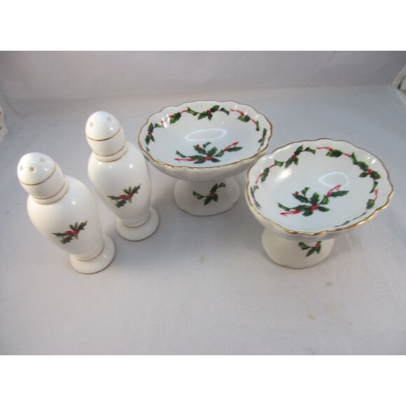 Lefton China Holly Salt Pepper Shakers and 2 Pedestal Candy Nut Dish Set - Picture 11 of 11